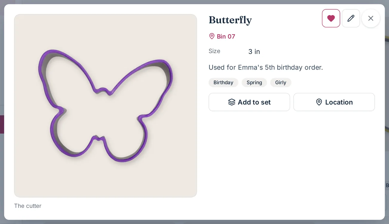 A cutter's detail view with a photo slideshow, its bin location, size, notes and tags